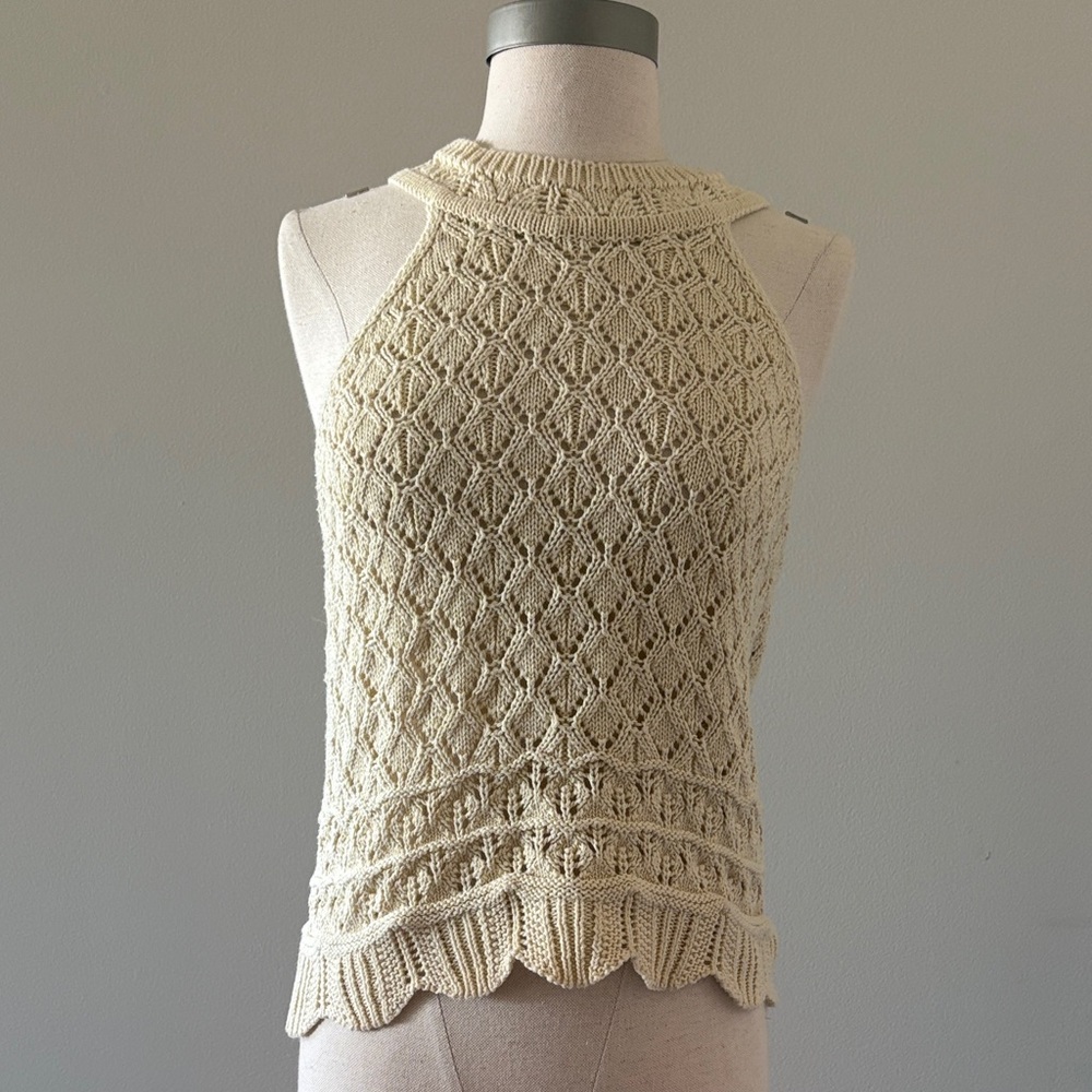 Pink Rose Cream Open-Weave Knit Sweater with Braided Detail
